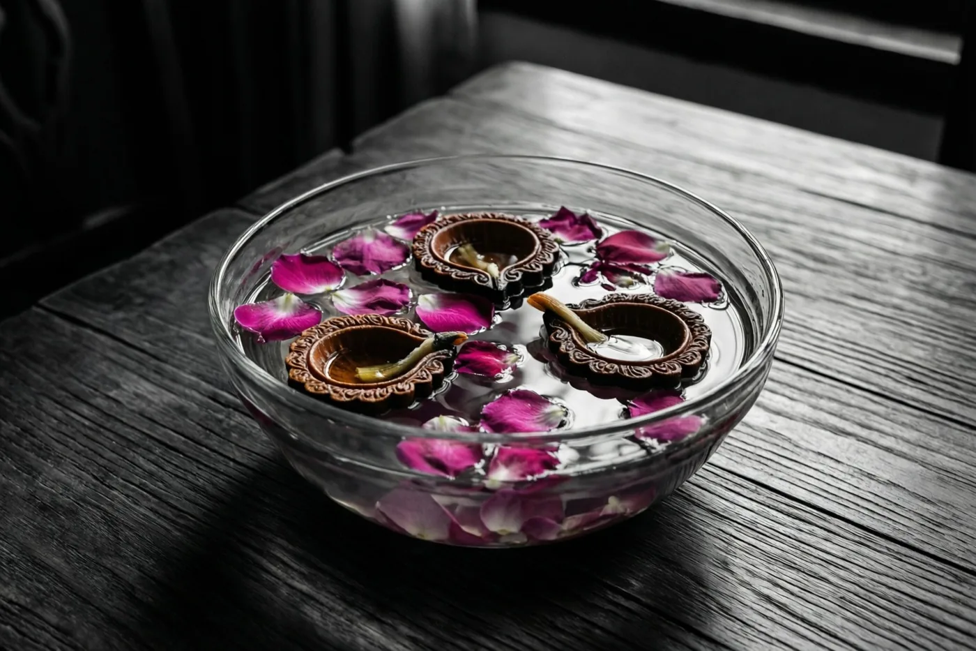 Een glazen schaal met water, drijvende roze rozenblaadjes en drie sierlijke olielampjes staat op een donkerhouten tafel in een verder monochroom beeld.