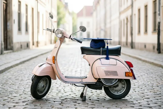 Geslaagd op een roze scooter
