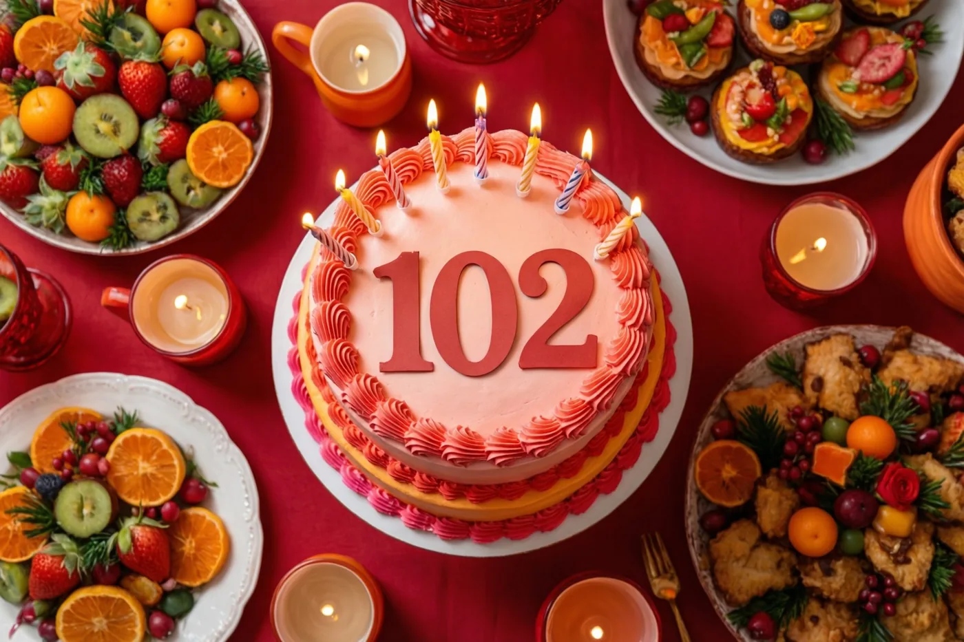 Een stapeltaart met roze glazuur en brandende kaarsen staat op een rood tafelkleed tussen feestelijke gerechten en kaarsen.