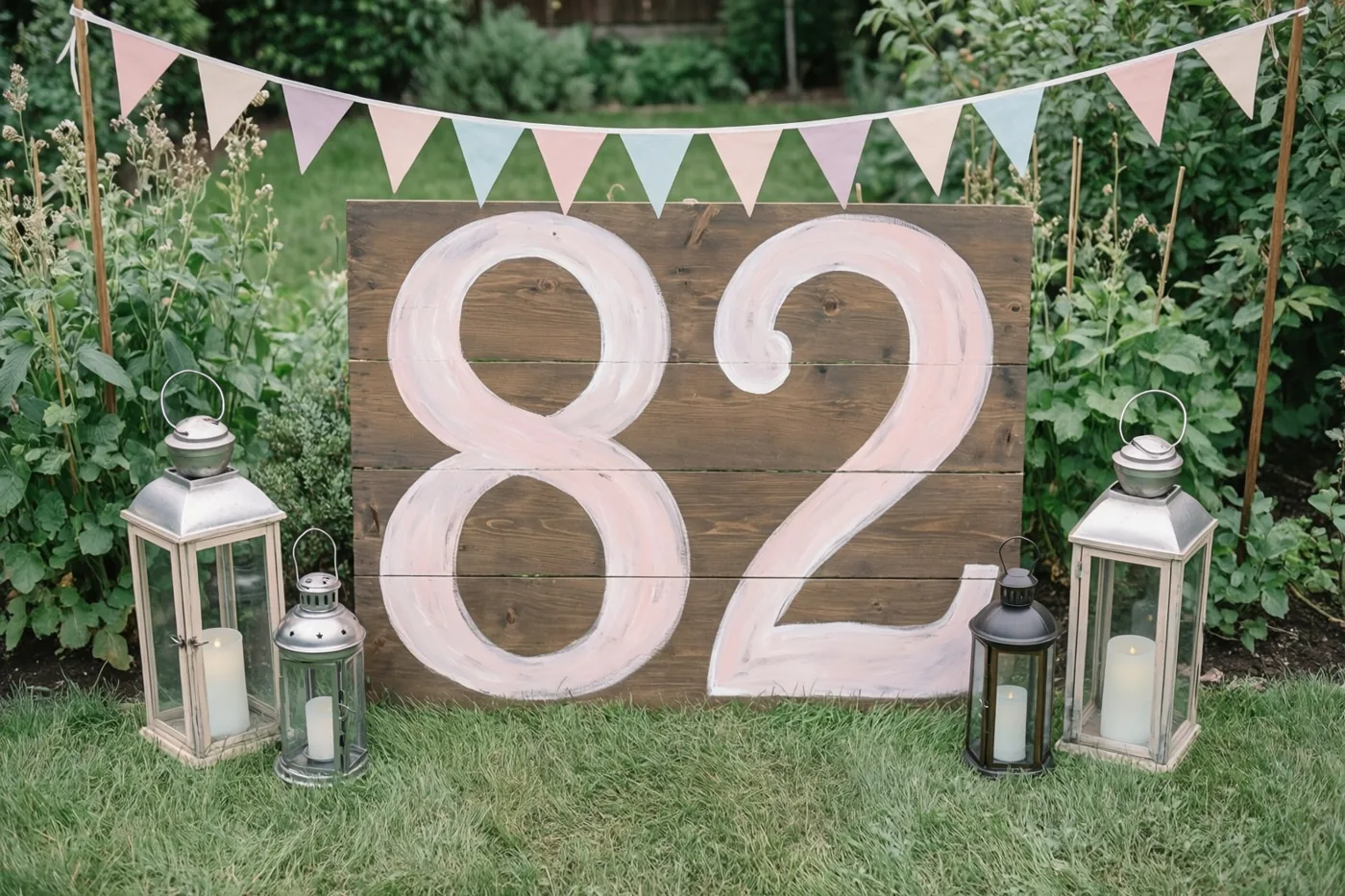 Een houten bord met 82 in lichtroze verf staat op het gras tussen lantaarns, onder een slinger met pastelkleurige vlaggetjes en met groen erachter.