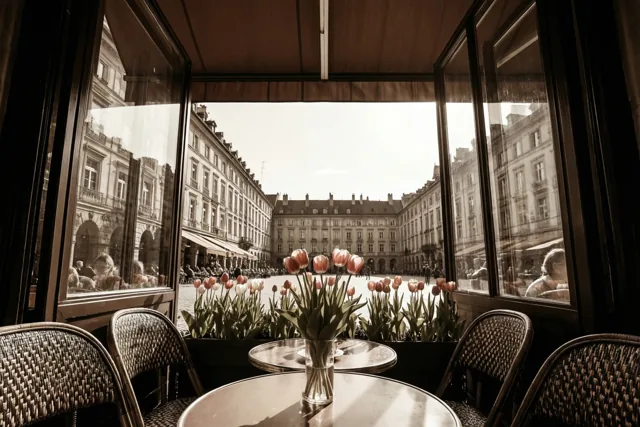 Een café met ronde tafels, rieten stoelen en roze tulpen in een vaas kijkt door open ramen uit op een zonnig plein met historische gebouwen.