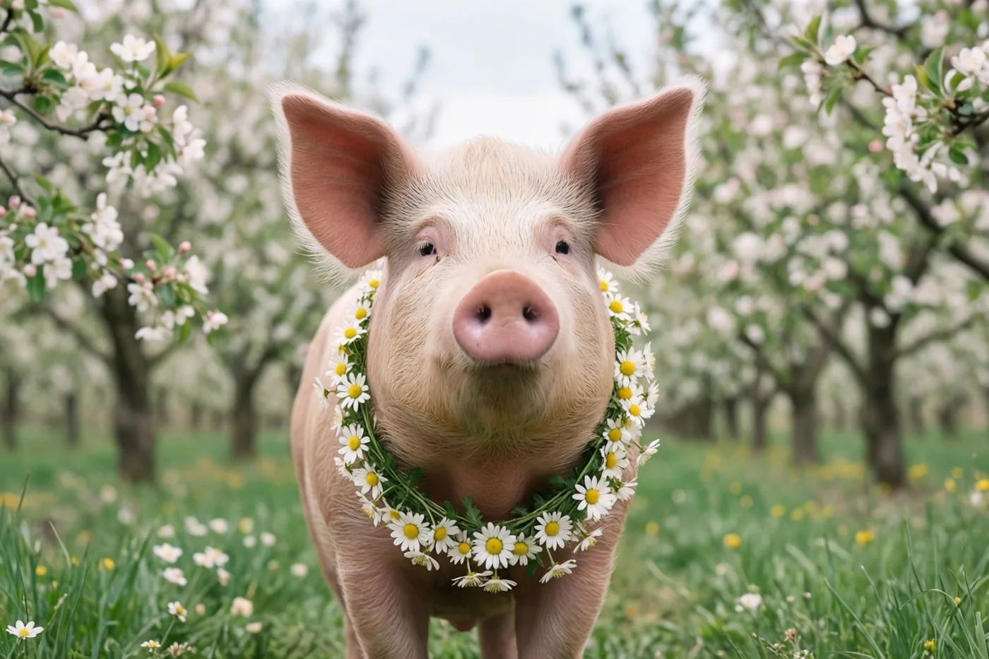 Een roze varken met grote oren en een ketting van madeliefjes rond de nek staat in een grasveld voor rijen witbloeiende bomen onder een heldere hemel.