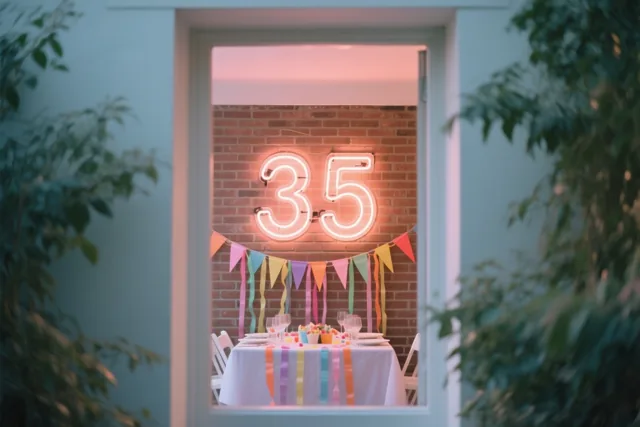 Door een deuropening is een roze neongetal 35 te zien aan een rode bakstenen muur boven een versierde tafel met pastelkleurige serpentines.
