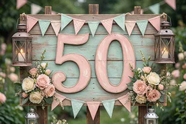 Een houten bord met 50 in roze verf staat in een tuin tussen pastelvlaggetjes en bloemstukken, verlicht door oude lantaarns.