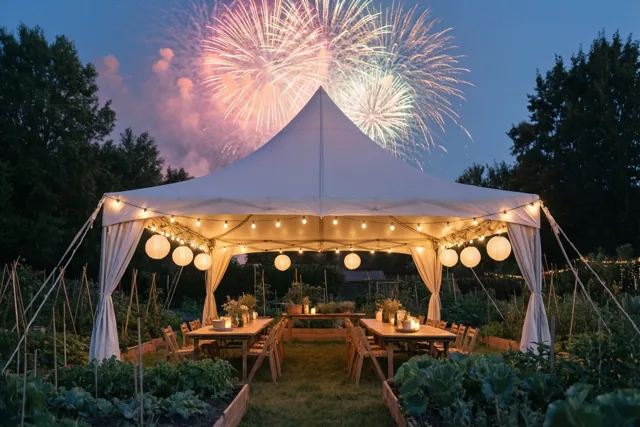 Een witte feesttent met lichtsnoeren en papieren lantaarns staat in een tuin met verhoogde plantbedden, onder roze en wit vuurwerk in de avondlucht.