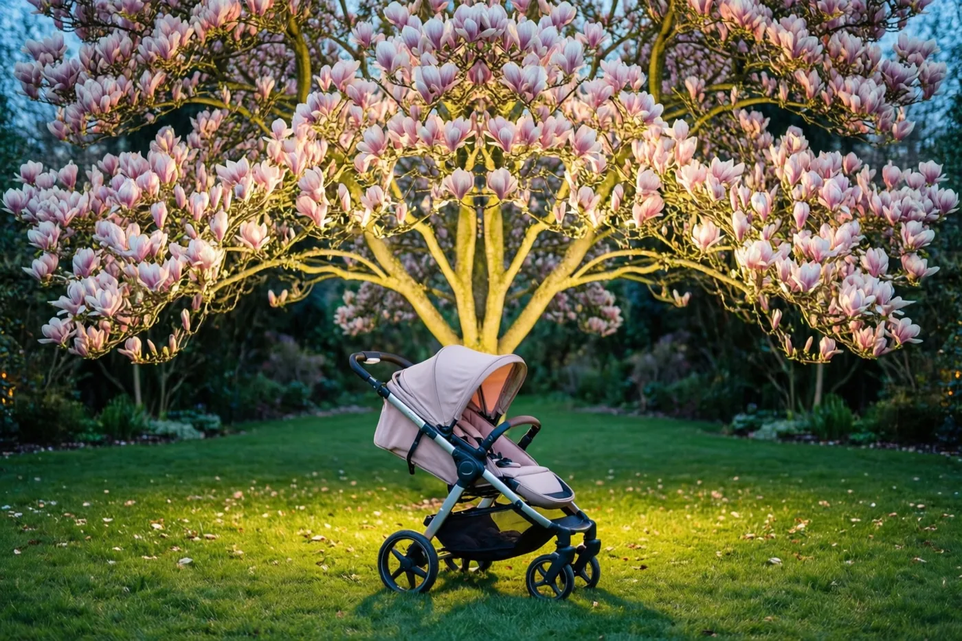 Een lichtroze wandelwagen staat op groen gras onder een grote magnolia in volle bloei, in warm, goudkleurig zonlicht.