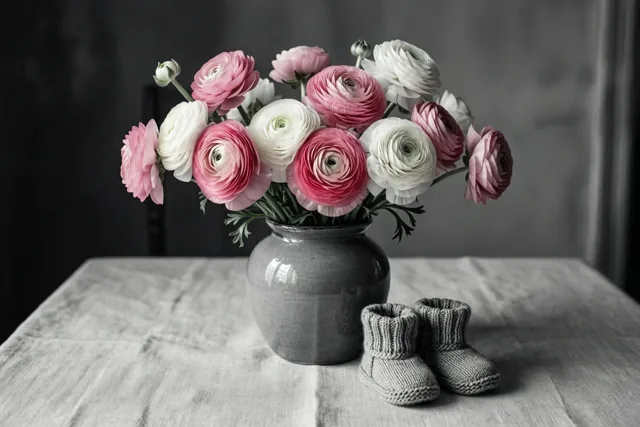 Een vaas met roze en witte ranonkels staat naast kleine gebreide babyslofjes op een linnen tafelkleed tegen een gedempte monochrome achtergrond.