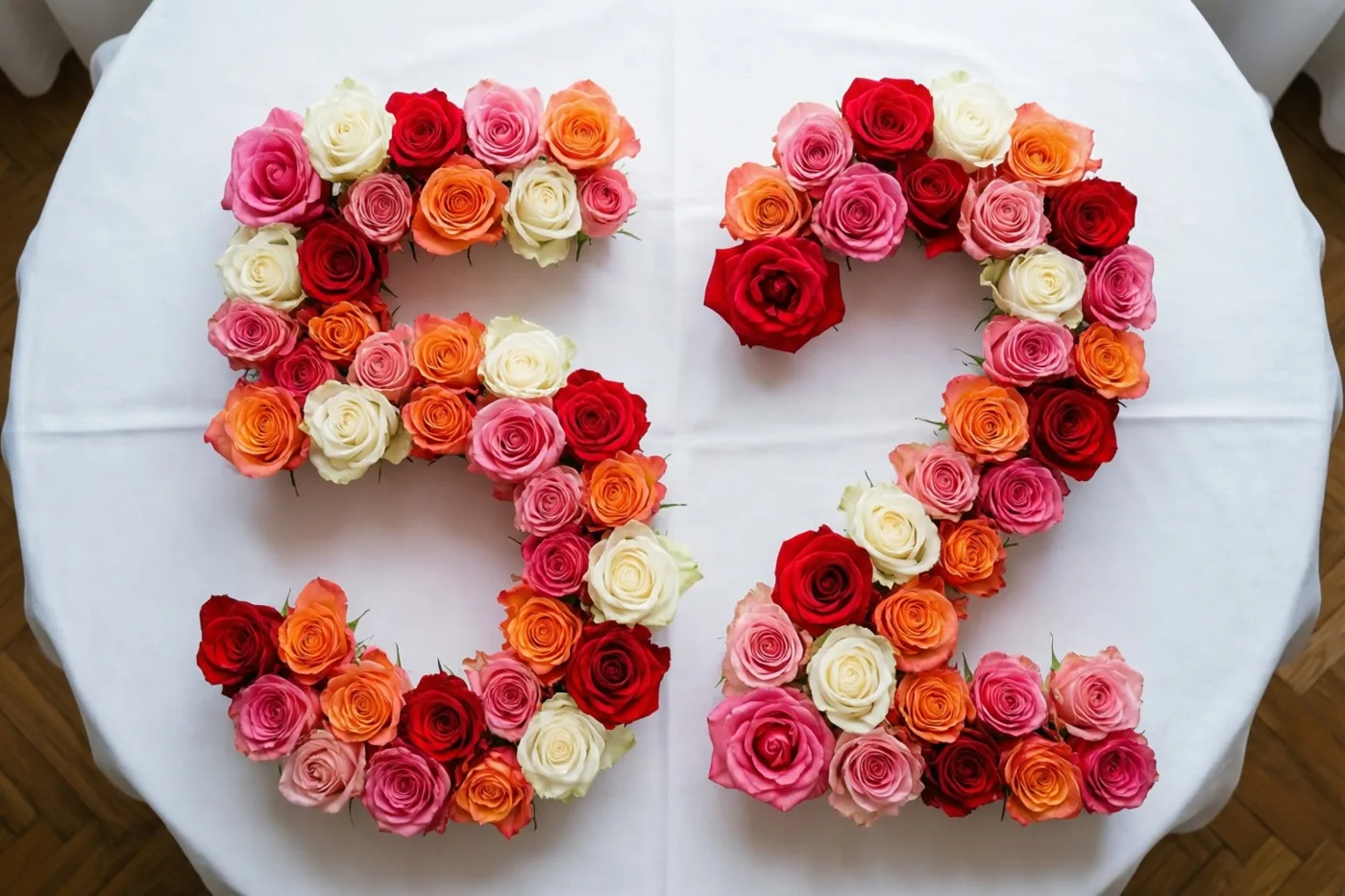Roze en witte rozen vormen het getal 52 op een wit tafelkleed, recht van boven gefotografeerd.