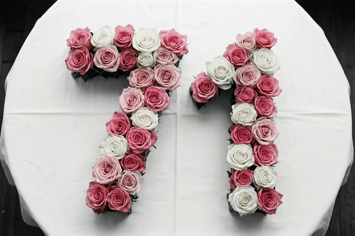 Roze en witte rozen vormen het getal 71 op een wit tafelkleed, van bovenaf gezien.