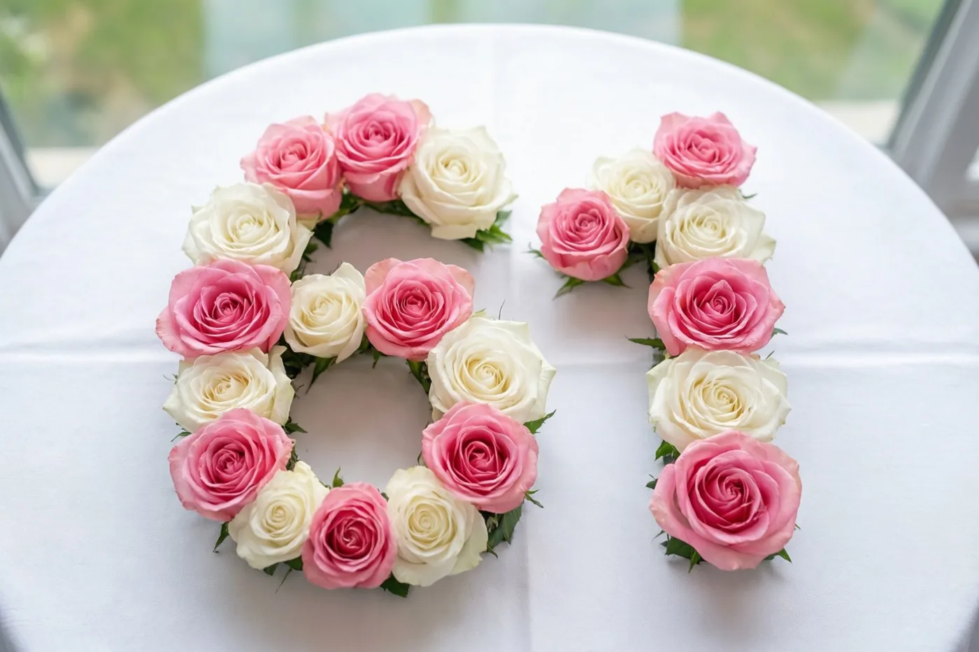 Roze en witte rozen vormen 61 op een wit tafelkleed, van bovenaf gefotografeerd in een lichte omgeving.
