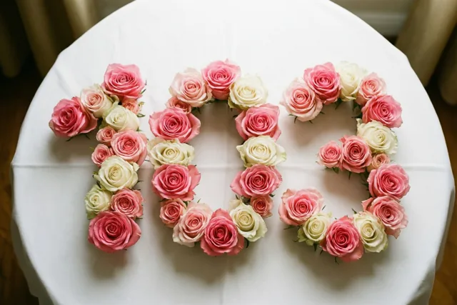 Roze en witte rozen vormen 103 op een wit tafelkleed, binnen van bovenaf gefotografeerd in zacht licht.