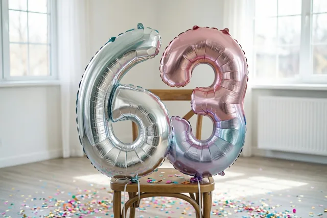 Een zilveren ballon in de vorm van 6 en een roze ballon in de vorm van 3 hangen aan een houten stoel in een lichte kamer met confetti op de vloer.
