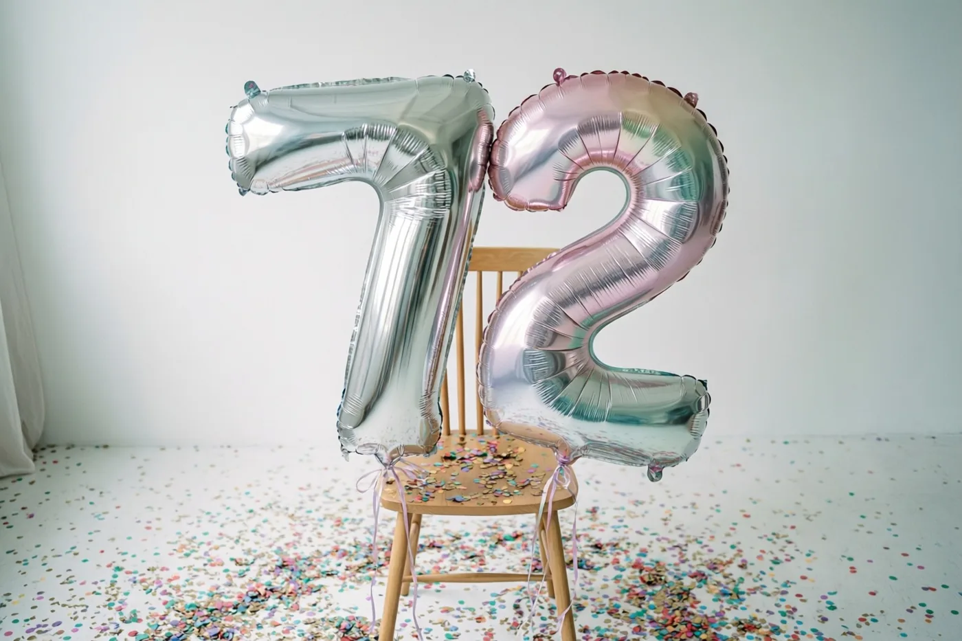 Zilveren en pastelroze folieballonnen in de vorm van 7 en 2 hangen aan een houten stoel in een lichte kamer met kleurrijke confetti op de vloer.