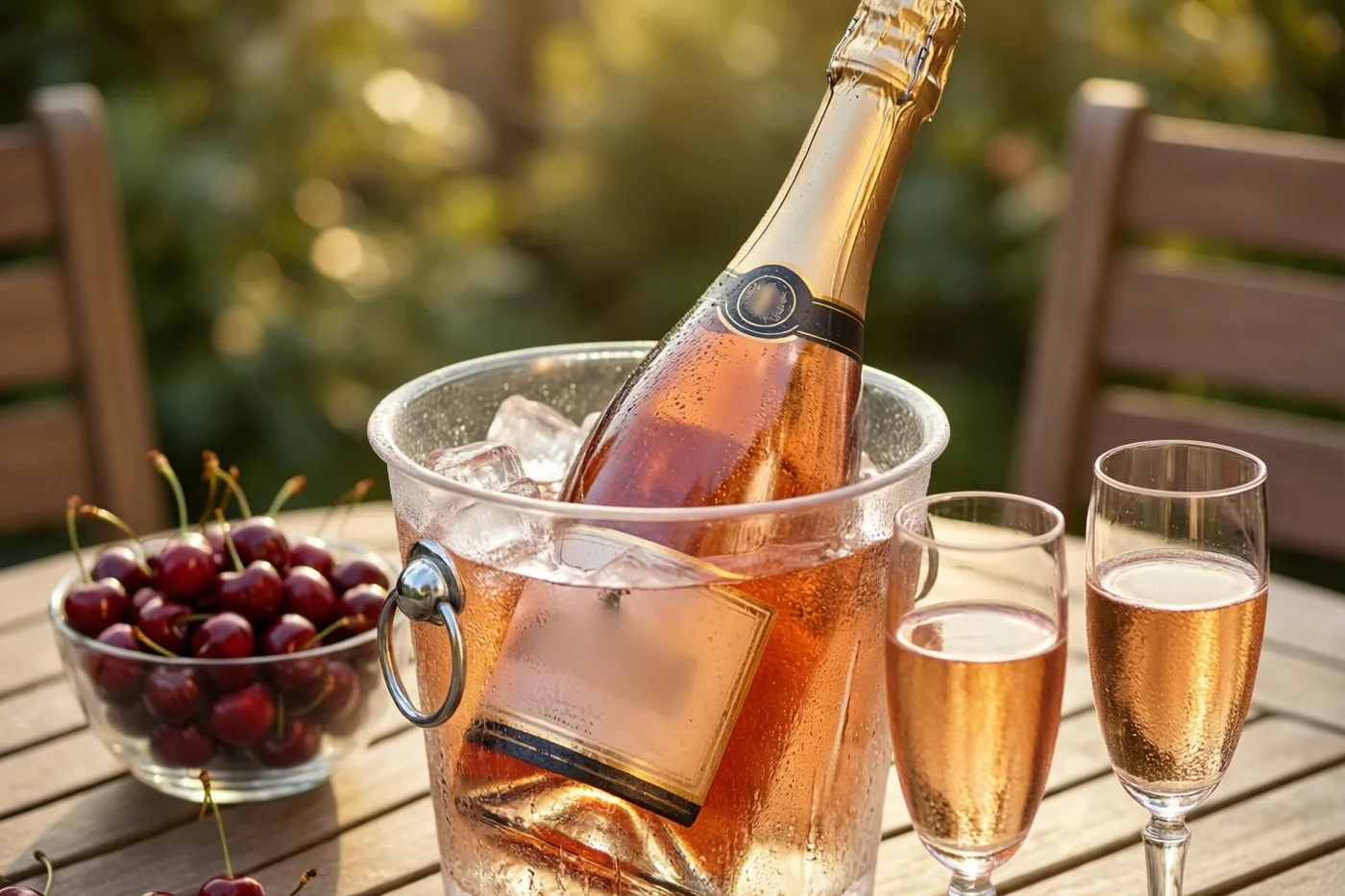 Een fles roséchampagne staat in een ijsemmer op een houten terrastafel, met twee gevulde glazen en een kom rode kersen in gouden zonlicht voor een onscherpe groene tuin.