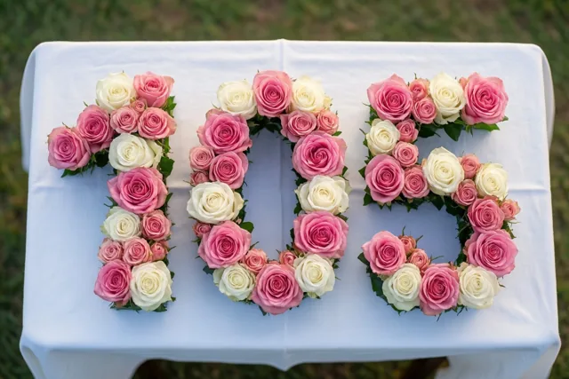 Roze en witte rozen vormen 105 op een wit tafelkleed buiten op het gras, recht van bovenaf gefotografeerd in zacht daglicht.