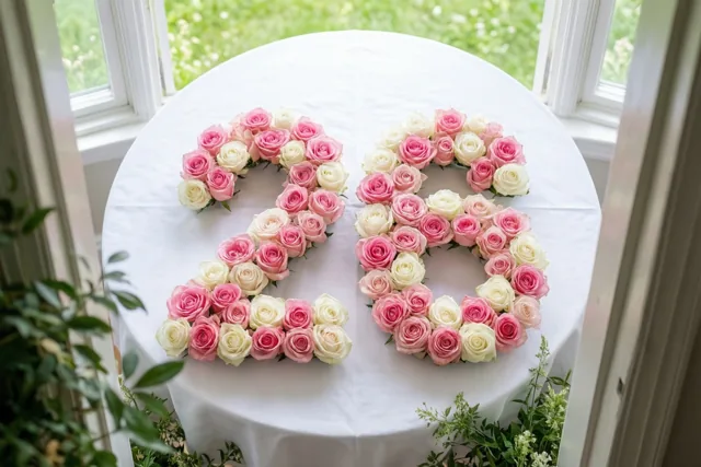 Roze en witte rozen vormen 26 op een wit tafelkleed bij een raam met groen buiten, van bovenaf gezien.