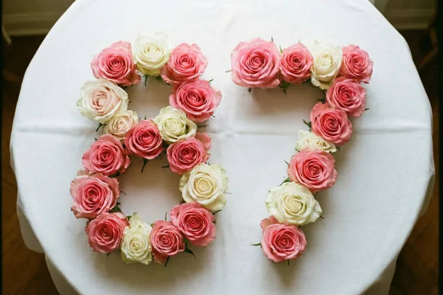 Het getal 87 is met roze en witte rozen op een wit tafelkleed gelegd en van bovenaf in zacht daglicht gefotografeerd.