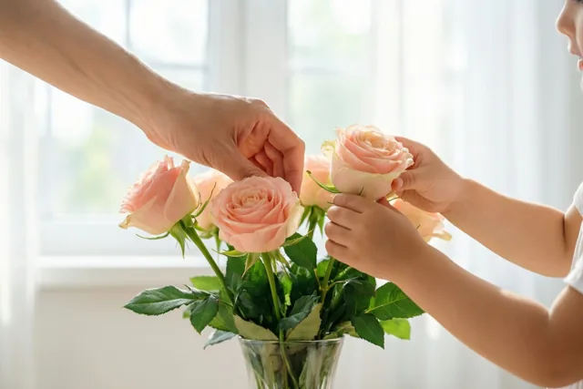 Een volwassen hand en een kinderhand schikken lichtroze rozen in een doorzichtige glazen vaas bij een helder raam met doorschijnende witte gordijnen.