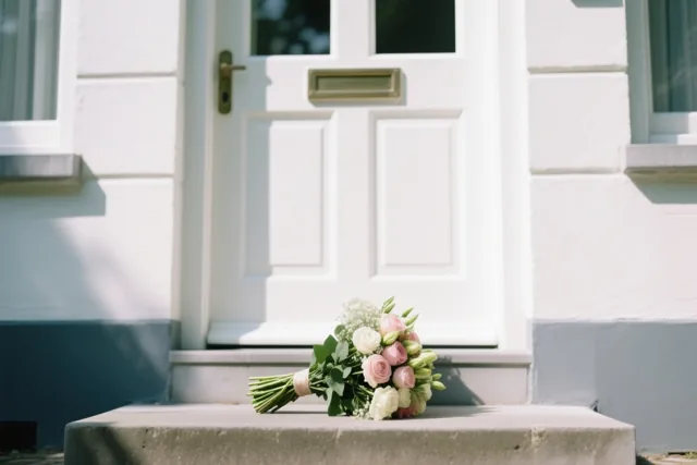 Een boeket roze en witte rozen met groen ligt op de stenen drempel van een witte voordeur van een Vlaams herenhuis in helder zonlicht.