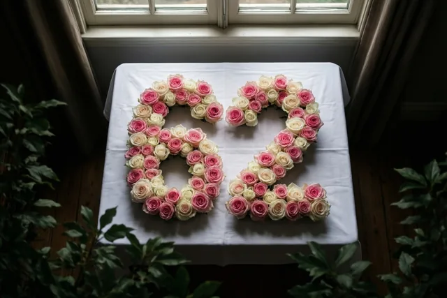 Roze en witte rozen vormen 62 op een wit tafellaken bij een raam met gordijnen en groen eromheen, van boven gezien.