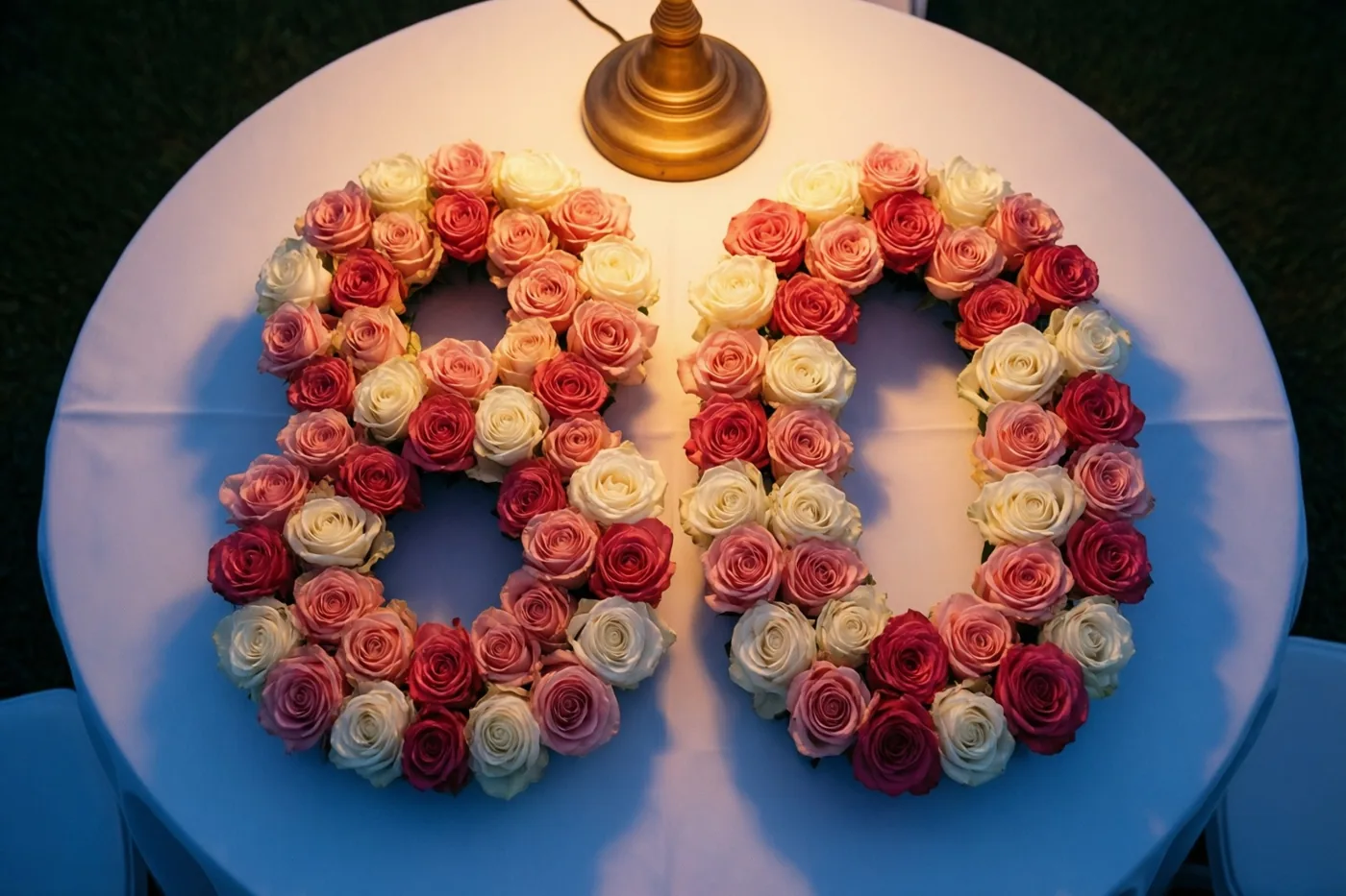 Van bovenaf zijn roze en witte rozen in de vorm van 80 te zien op een wit tafelkleed buiten op het gras, in zacht licht met lichte schaduwen.