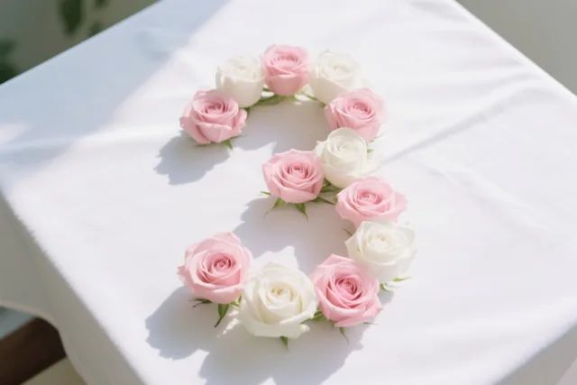 Roze en witte rozen vormen het cijfer 3 op een wit tafelkleed, met zachte schaduwen in helder zonlicht.