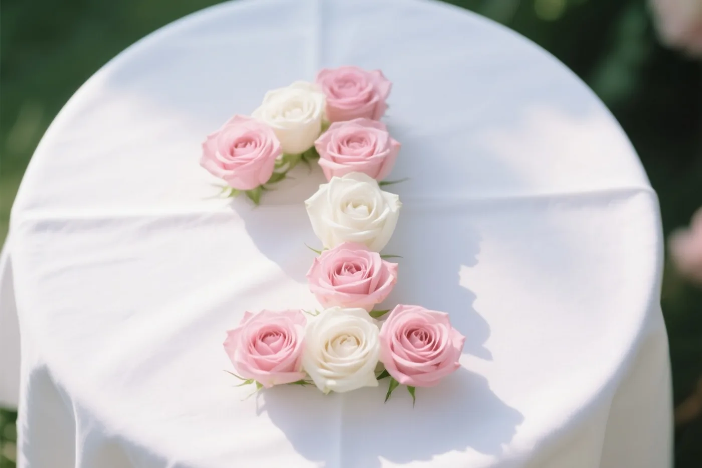 Buiten vormen afwisselend roze en witte rozen het cijfer 1 op een wit tafelkleed, van bovenaf gezien in zacht daglicht.
