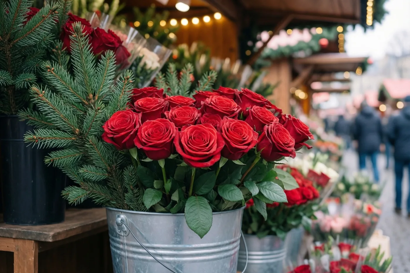 Een emmer met rode rozen en groene dennentakken staat op een houten kerstmarktkraam met warme lichtjes op de achtergrond.
