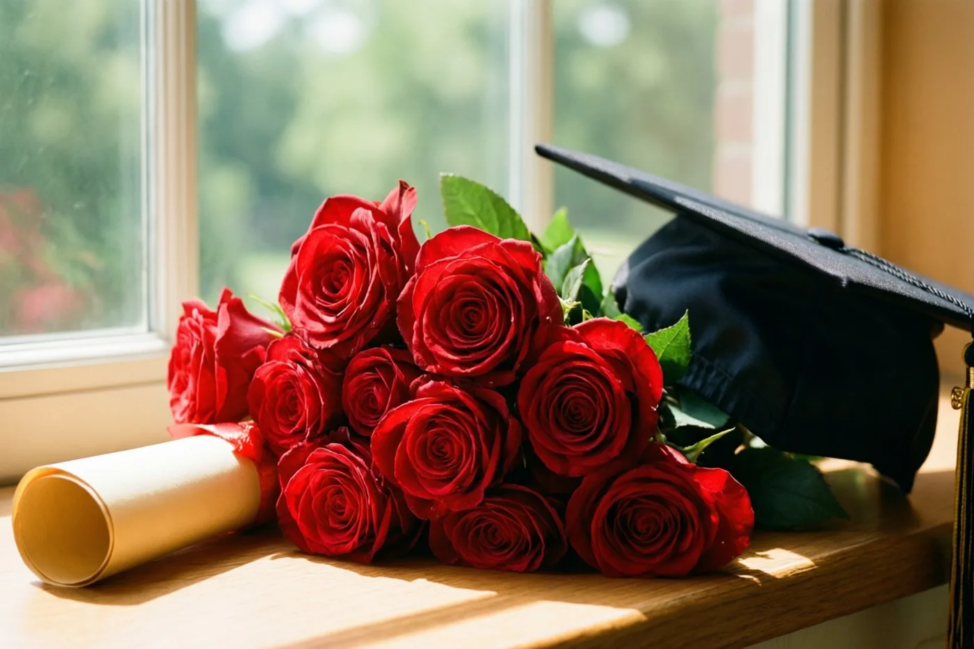Een boeket rode rozen, een opgerold diploma en een afstudeerhoed liggen op een houten vensterbank in het zonlicht, met groen buiten het raam.