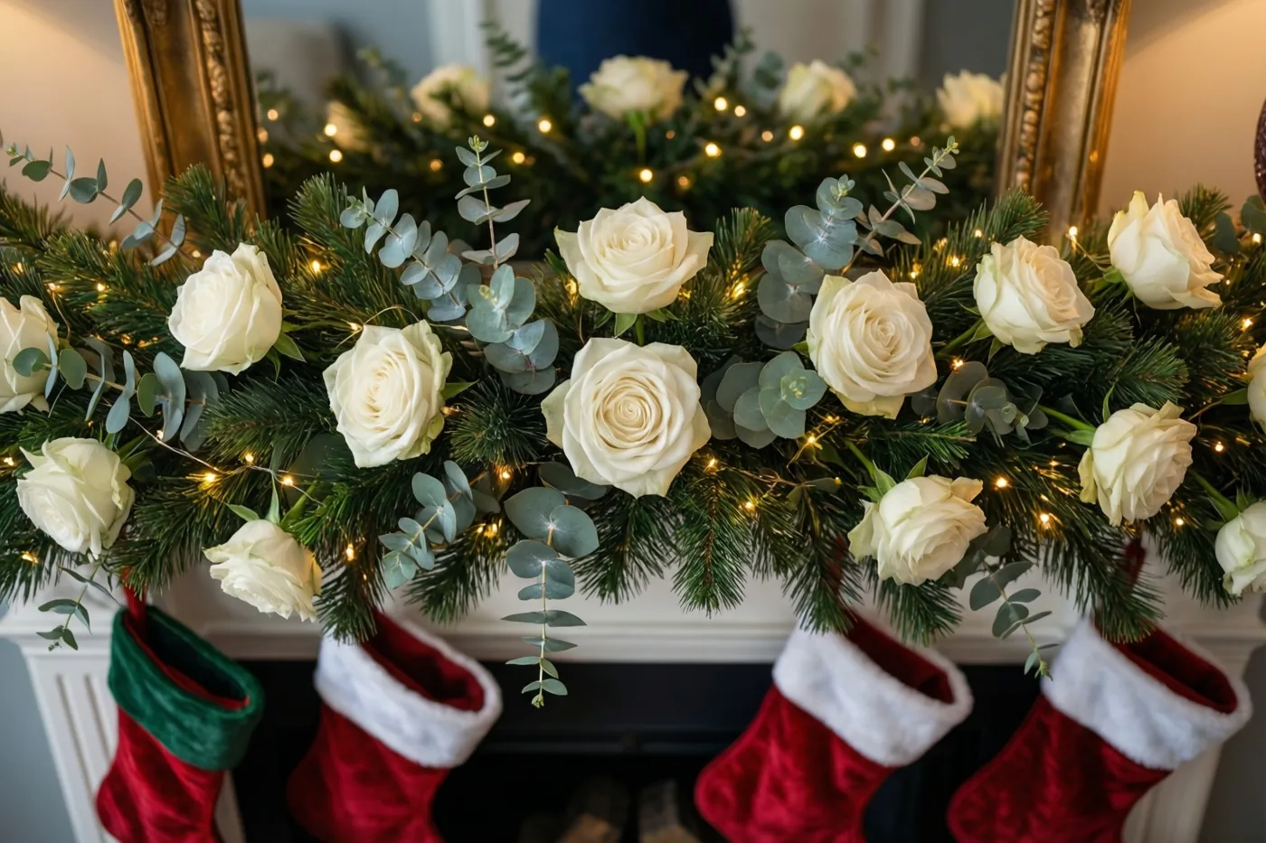 Witte rozen, eucalyptus en twinkelende lichtjes versieren een witte schouw waar rode fluwelen kerstsokken met witte boorden aan hangen.