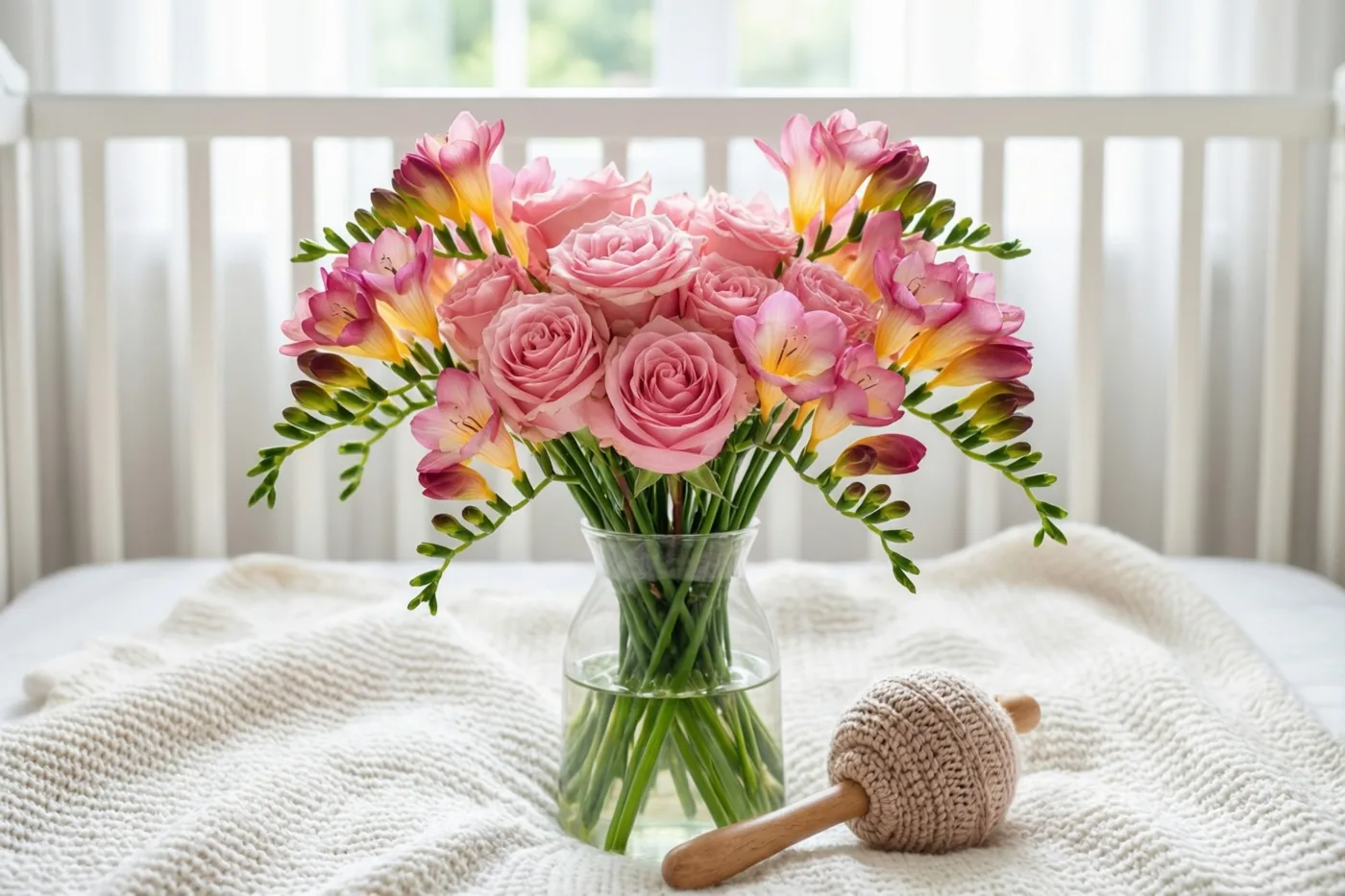 Een glazen vaas met roze trosrozen en freesia's staat op een witte gebreide babydeken naast een gebreide rammelaar met houten handvat, met raamlicht achter de witte spijlen van een babybedje.