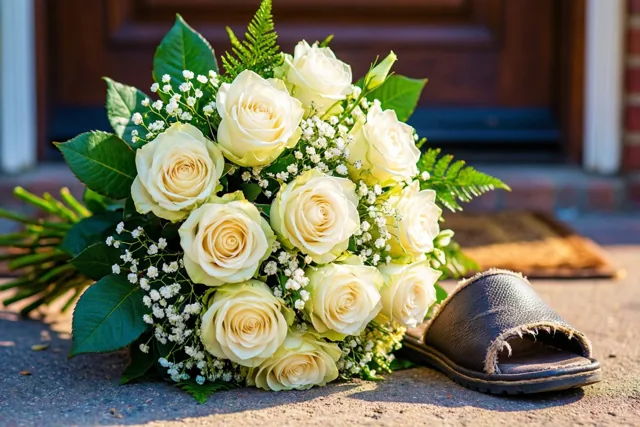 Een boeket witte rozen met groene bladeren en gipskruid ligt in fel zonlicht op een drempel naast een versleten, kapotgekauwde pantoffel, met een houten deur op de achtergrond.