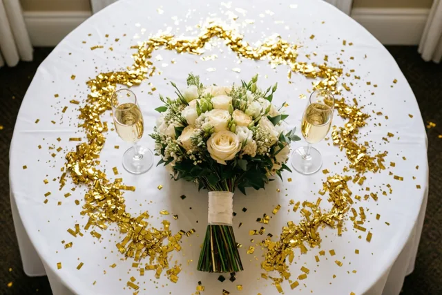 Gouden confetti voor het bruidspaar