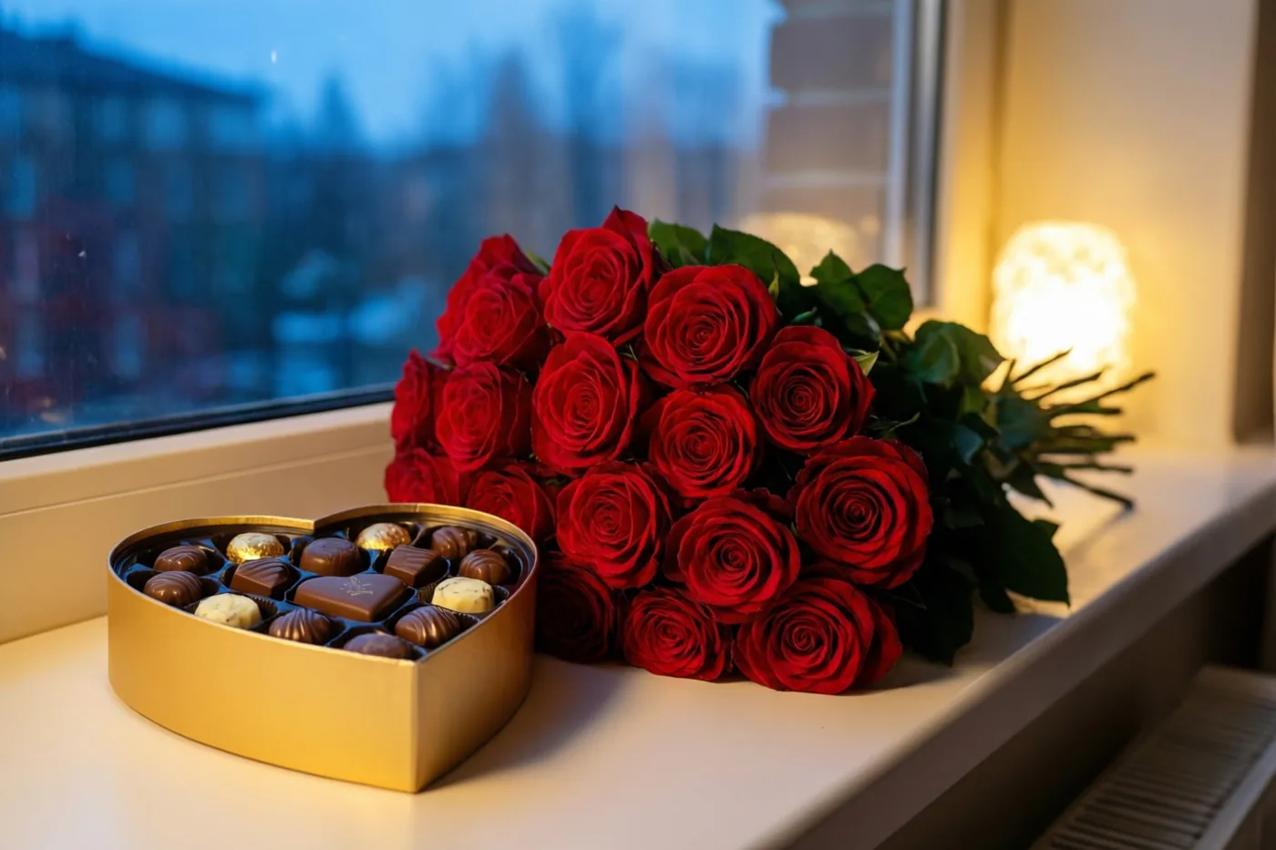 Een hartvormige doos pralines en een boeket rode rozen staan op een vensterbank in warm binnenlicht, met een koele blauwe buitenachtergrond.