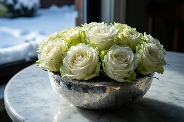 Een laag bloemstuk met witte rozen staat in een zilveren schaal met structuur op een bleke marmeren tafel, met sneeuw achter het raam en zachte verlichting.