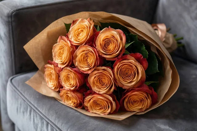 Een boeket lichtroze rozen in bruin vloeipapier ligt op een grijze fluwelen zetel in een beeld met warme perziktinten, dieprood en gedempt grijs.