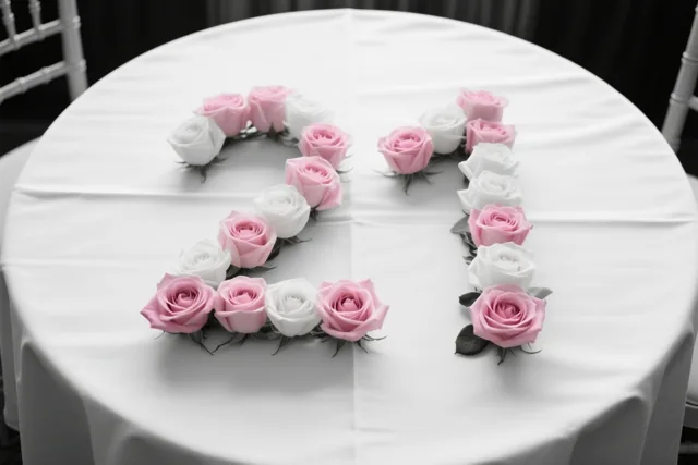 Het getal 21 is gevormd met roze en witte rozen op een wit tafelkleed en van bovenaf in beeld gebracht.