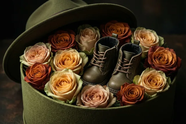 Een ronde olijfgroene hoedendoos bevat perzikkleurige, oranje en crèmekleurige rozen rond kleine olijfgroene babyschoentjes, tegen een donkere onscherpe achtergrond.