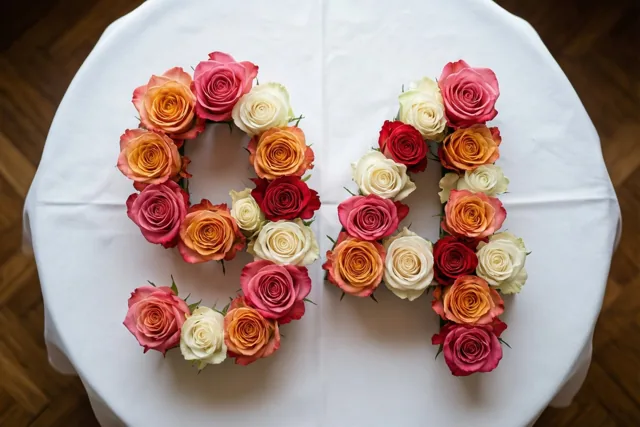 Van bovenaf gezien vormen roze en witte rozen met rode, oranje en crèmekleurige tinten het getal 94 op een wit tafelkleed, met een houten vloer in beeld.