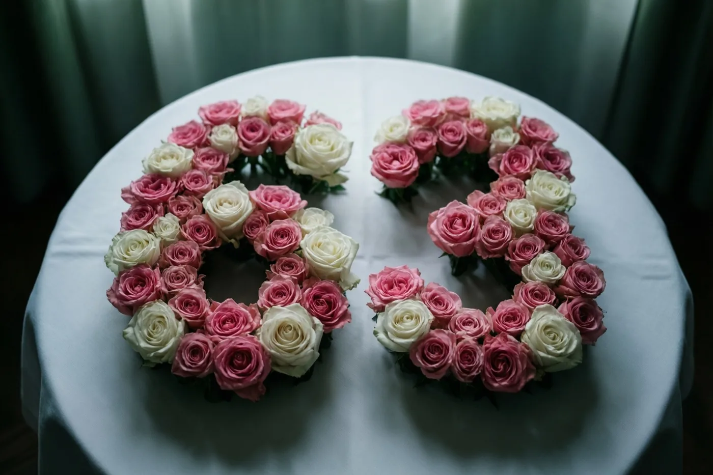 Roze en witte rozen vormen 63 op een wit tafellaken, van boven gezien in zacht licht met een gedempte achtergrond.