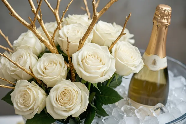 Een close-up toont witte rozen met goudgeverfde takjes naast een champagnefles op ijs tegen een neutrale grijze achtergrond.