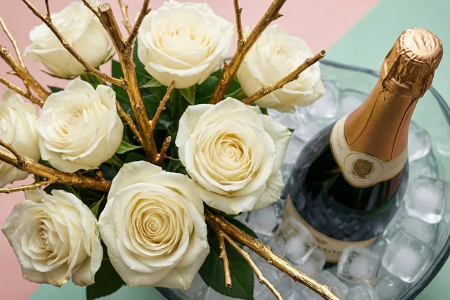 Een boeket witte rozen met goudgeverfde takjes staat naast een champagnefles in een glazen schaal met ijs tegen een roze en mintgroene achtergrond.