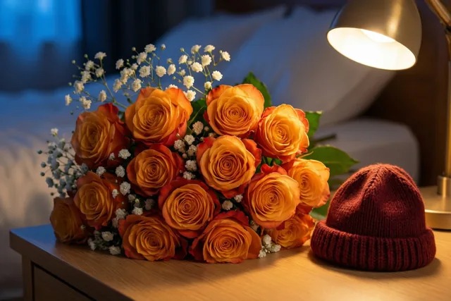 Een boeket oranje-abrikooskleurige rozen en wit gipskruid staat naast een klein rood gebreid mutsje op een houten nachtkastje, verlicht door een warme lamp met een bed op de achtergrond.