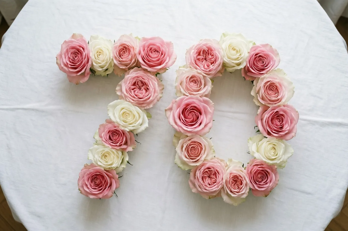 Roze en witte rozen vormen het getal 70 op een wit tafelkleed, van recht bovenaf gezien.