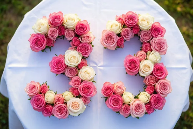 Van bovenaf zijn roze en witte rozen te zien die samen het getal 33 vormen op een wit tafelkleed.