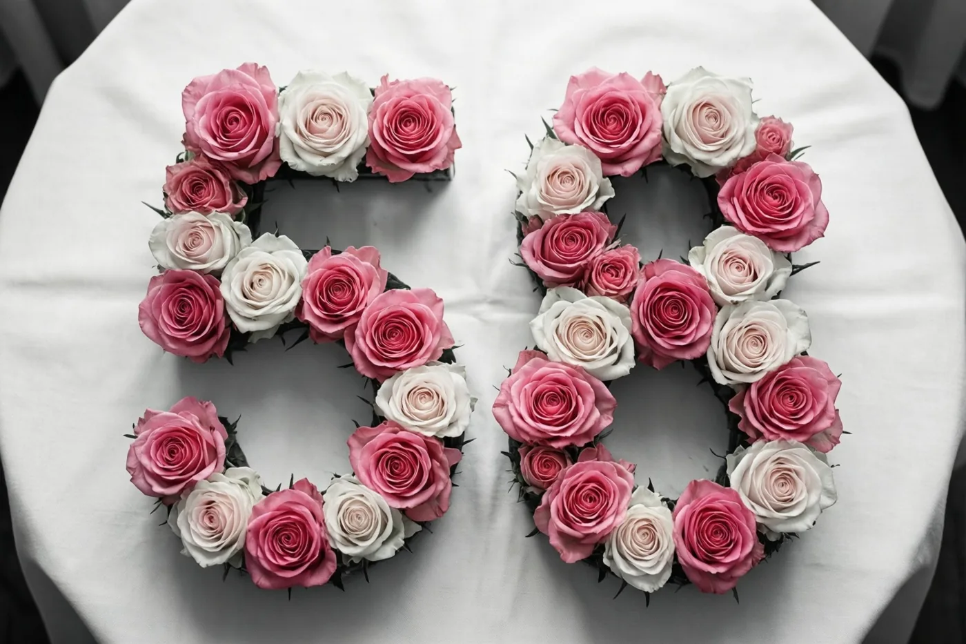 Van bovenaf is het getal 58 te zien, gelegd met roze en witte rozen op een wit tafelkleed.