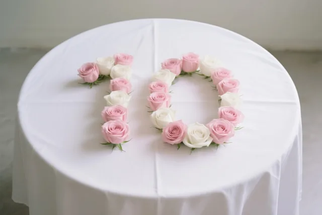 Roze en witte rozen liggen in de vorm van het getal 10 op een wit tafelkleed in zacht licht.