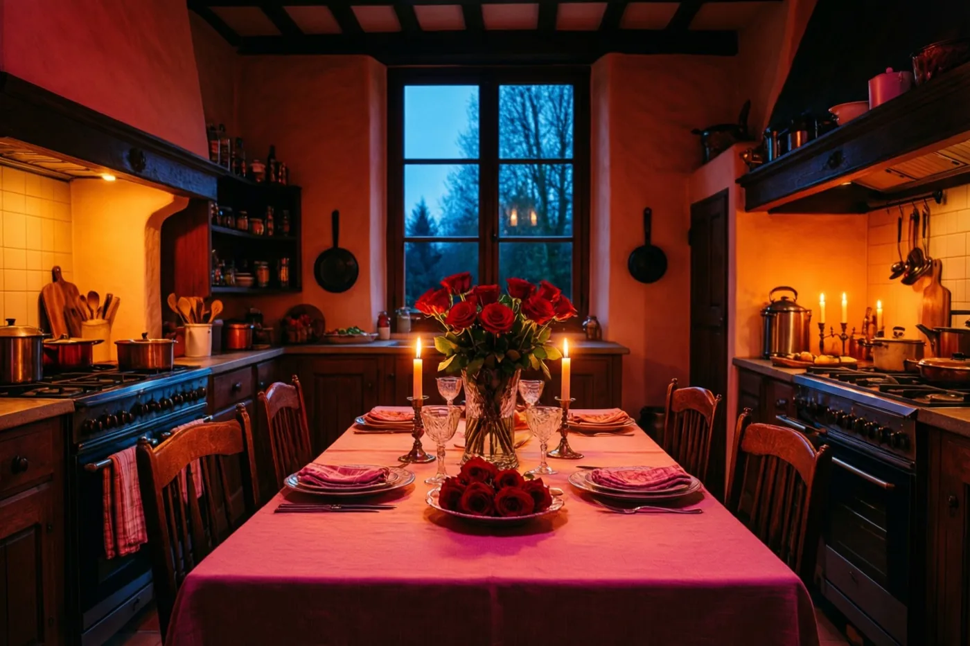 In een warm verlichte Vlaamse hoevekeuken staat een lange eettafel gedekt voor twee met rode rozen, kaarsen en roze tafellinnen, in gouden en rode tinten.