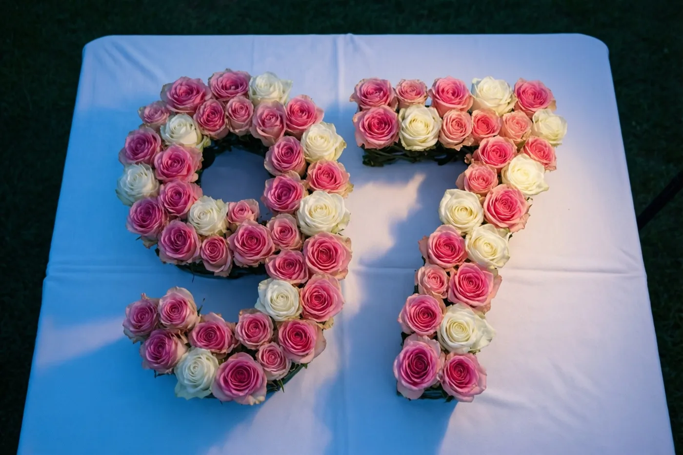 Van bovenaf gezien vormen roze en witte rozen het getal 97 op een wit tafelkleed, buiten op het gras.