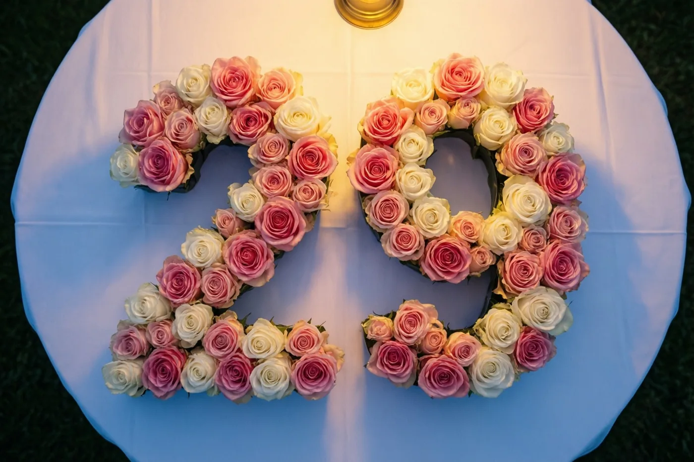 Van bovenaf zijn roze en witte rozen te zien die 29 vormen op een wit tafellaken buiten op het gras.